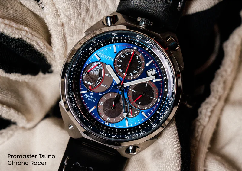 Closeup of the Promaster Tsuno Chrono Racer AV0088-01L