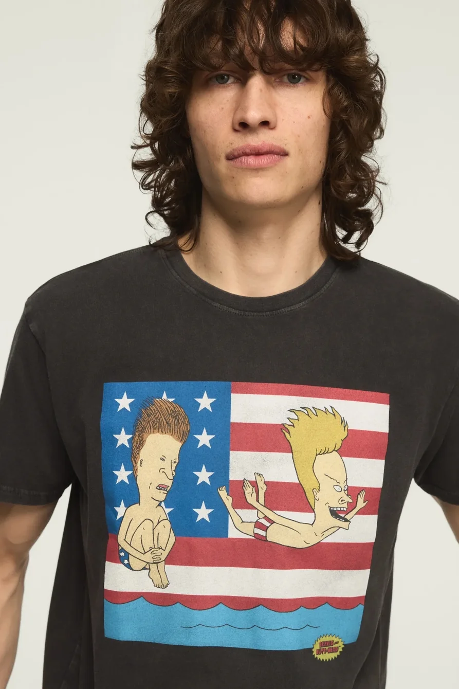 Image of Lucky Brand Mtv Beavis And Butthead Flag Tee - Men's Clothing Tops Shirts Tee Graphic T Shirts in Jet Black