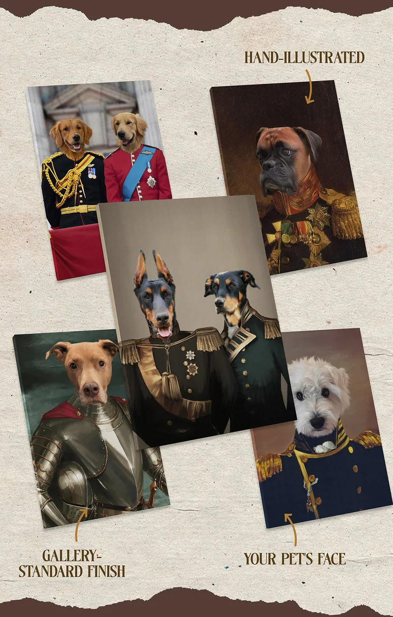 Five custom male pet portrait mock ups. Hand-illustrated with a gallery-standard finish.