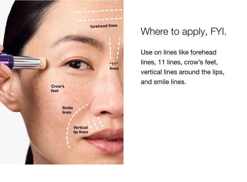 Where to apply, FYI. Use on lines like forehead lines, 11 lines, crow’s feet, vertical lines around the lips and smile lines.