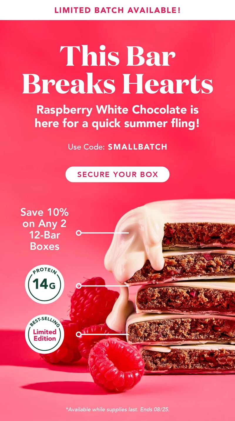 This bar breaks hearts... Raspberry White Chocolate is here for a quick summer fling! Use code SMALLBATCH at checkout for 10% off any 2 items! Available while supplies last. Ends 8/25