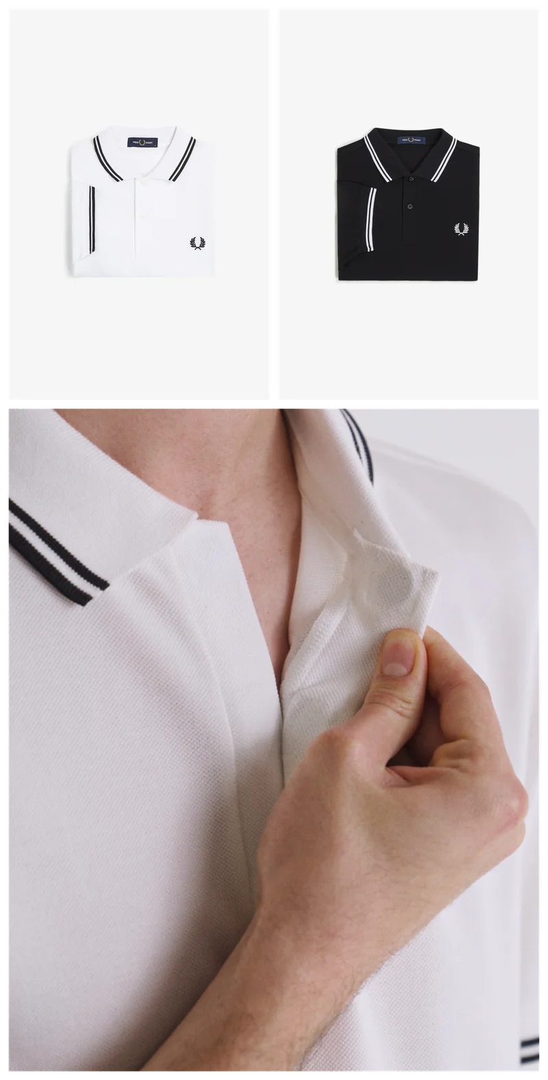 A male model with limb difference wears the Adaptive Fred Perry Shirt.