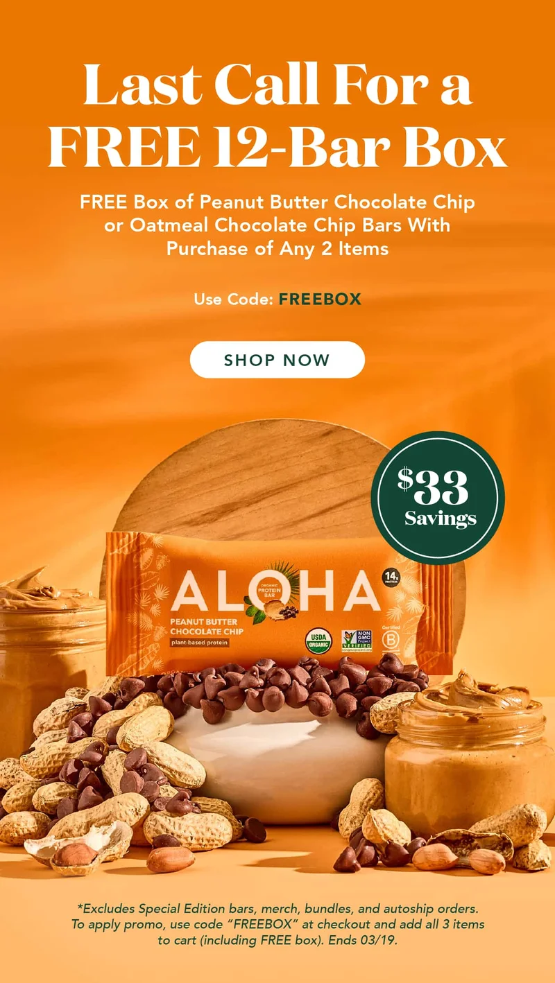 Buy 2 items get a 12-bar box of Peanut Butter Chocolate Chip or Oatmeal Chocolate Chip FREE with code FREEBOX. Ends 3/19