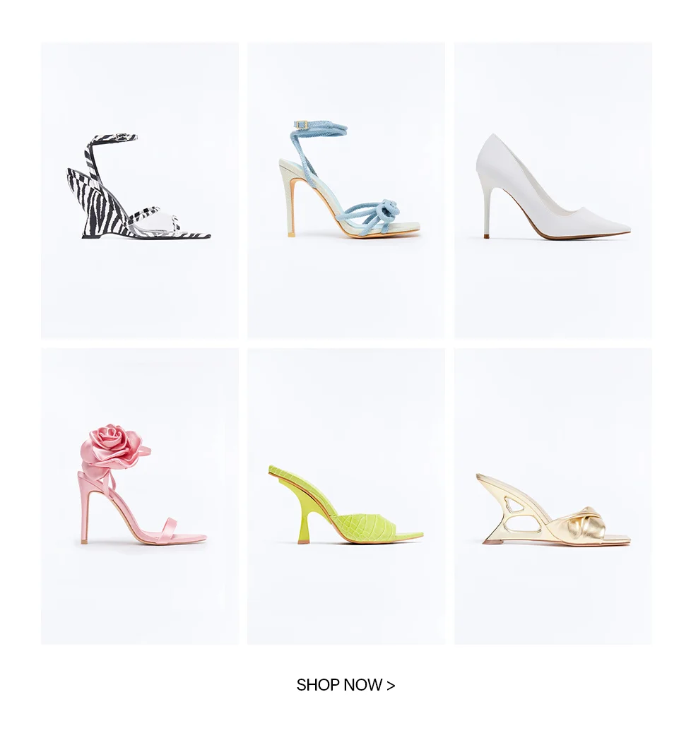 Six stylish women's high heels: zebra wedge sandal, blue bow sandal, white pump, pink rose heel, lime mule, gold sculptural heel. Shop new fashion footwear.