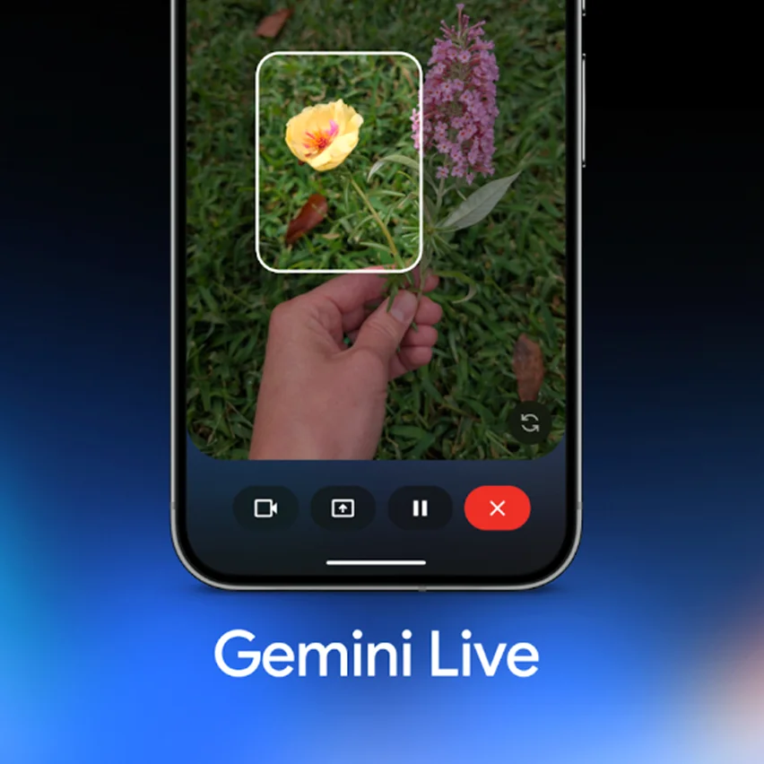 A shot of the Gemini Live app interface on a smartphone. The screen shows a person's hand holding a yellow and orange flower with a white square outline around it. The words Gemini Live are displayed below the phone.
