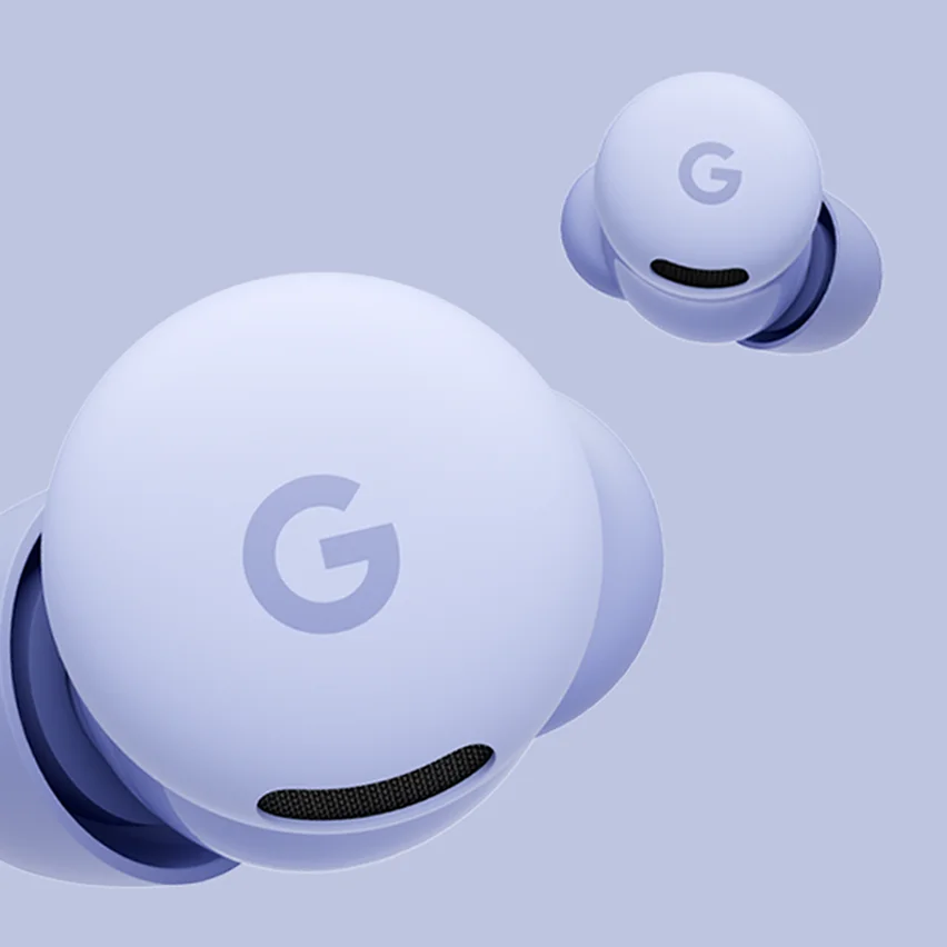 A single light purple Google Pixel Bud Pro earbud, with the G logo visible, floating above a larger, out-of-focus image of what appears to be a charging case.