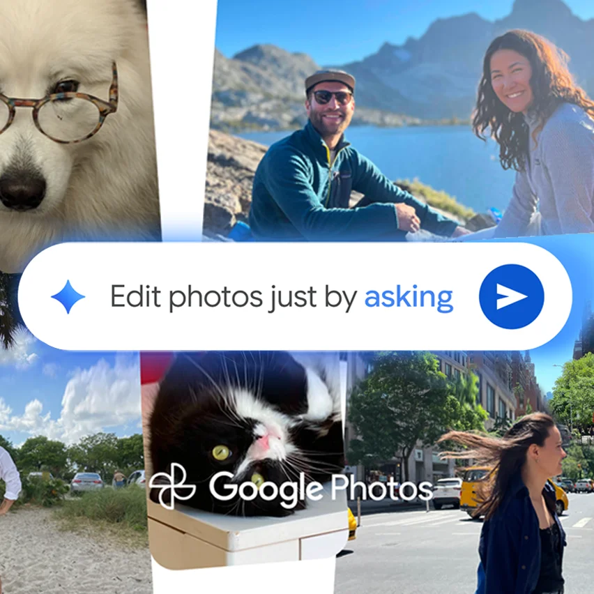 Google Photos: 'Edit photos just by asking' over a photo collage.