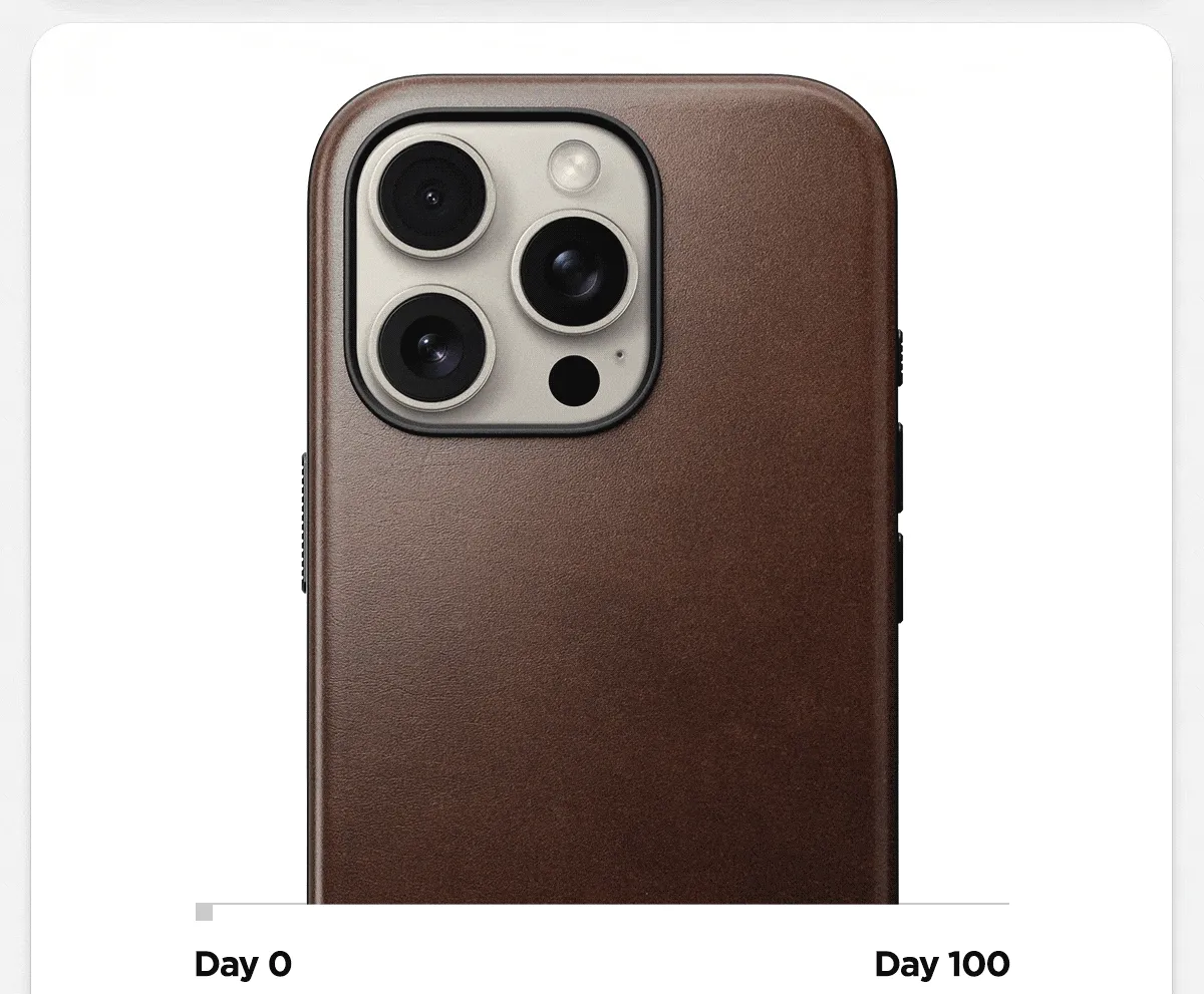 Rustic Brown Horween Leather on Modern Leather Case. Showing the Patina on day zero vs day 100. Showing how the leather develops a rich patina over time.