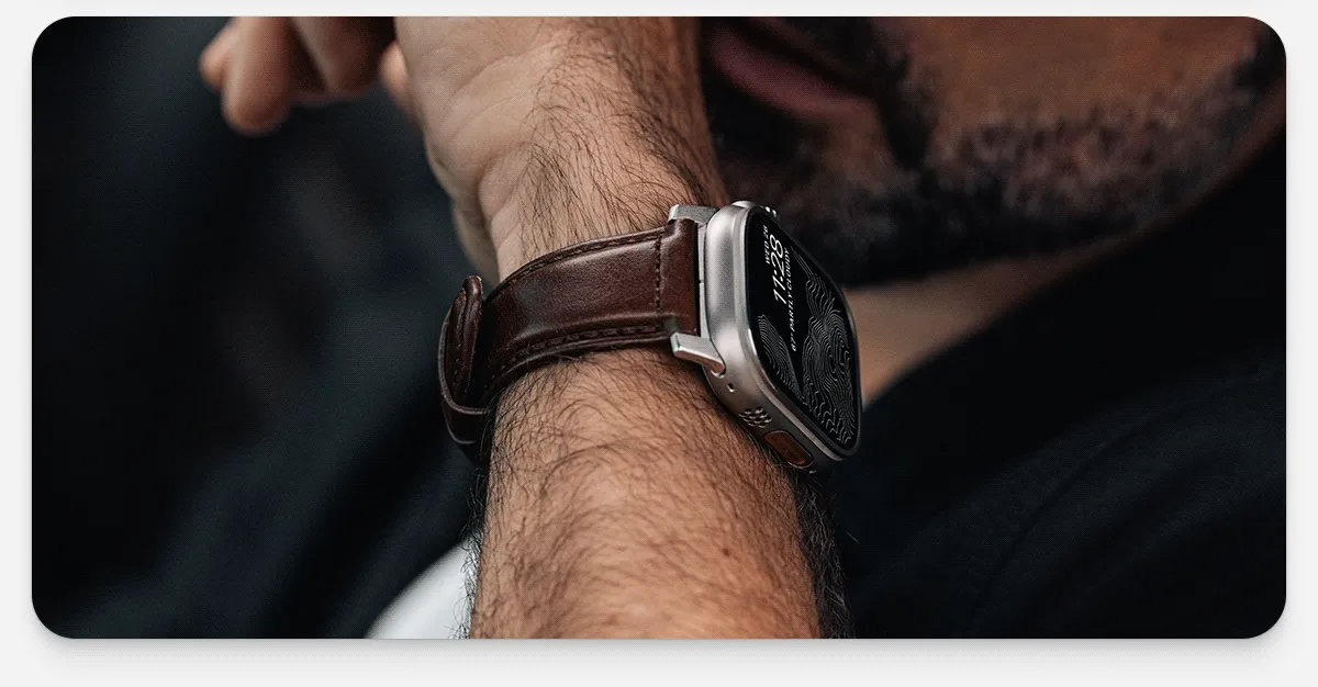 Horween leather products, Modern Leather iPhone case, Rustic Brown AirPods case, Horween traditional band for Apple Watch - with Silver Apple Watch Ultra, and Rustic Brown Card Wallet Plus