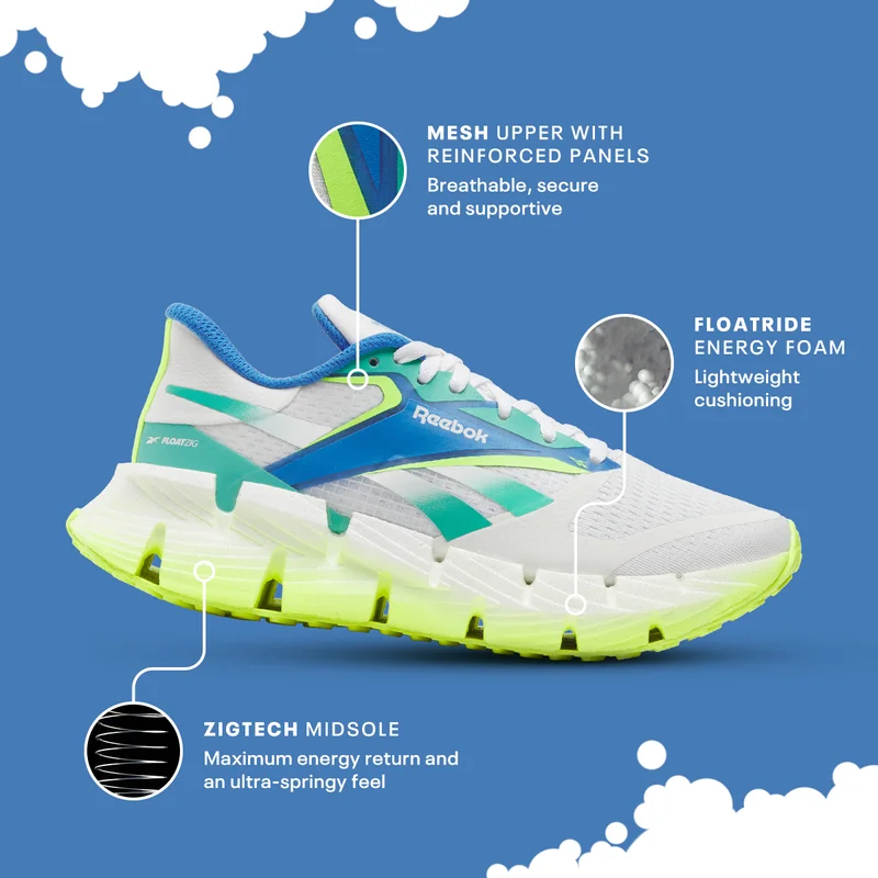 FLOATRIDE ENERGY FOAM
Lightweight cushioning <br>ZIGTECH MIDSOLE
Maximum energy return and an ultra-springy feel<br>MESH UPPER WITH REINFORCED PANELS
Breathable, secure and supportive