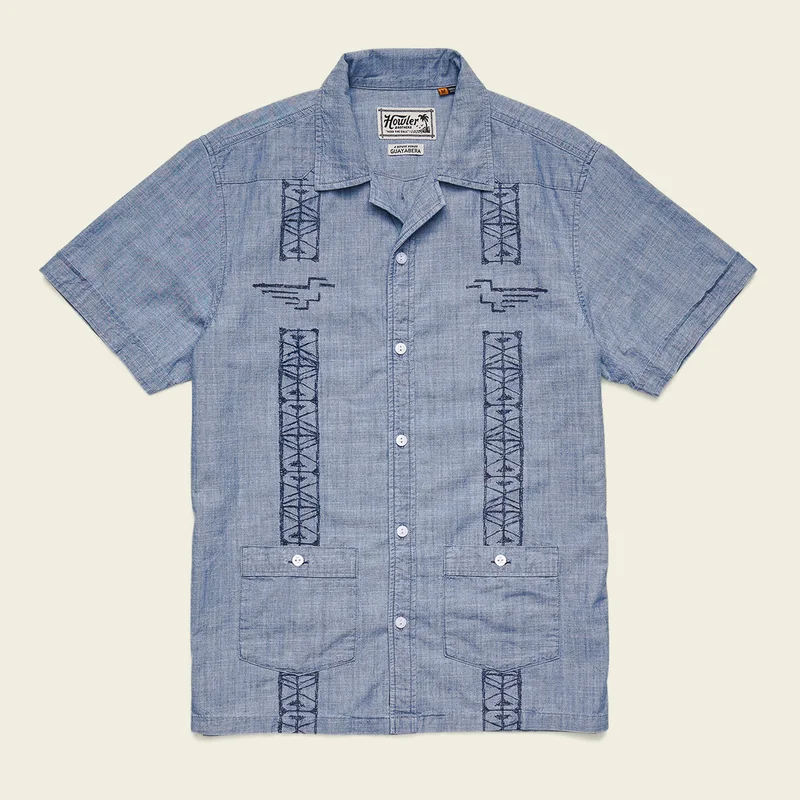 Image of Guayabera Shirt - Pictographs : Washed Indigo Chambray