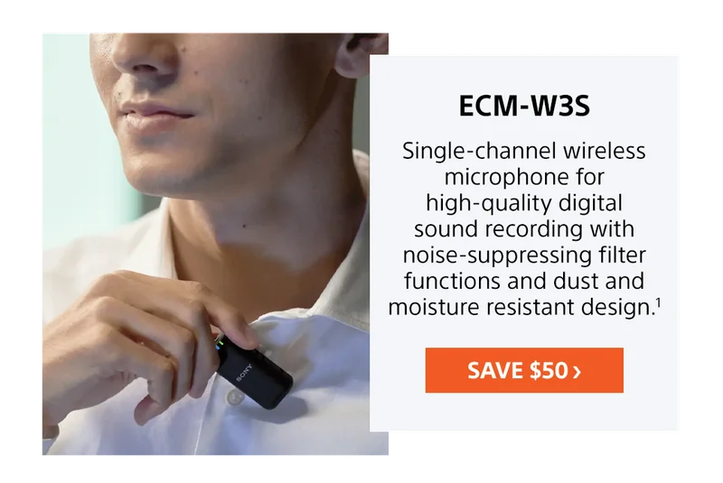 ECM-W3S | Single-channel wireless microphone for high-quality digital sound recording with noise-suppressing filter functions and dust and moisture resistant design.¹ | Save $50