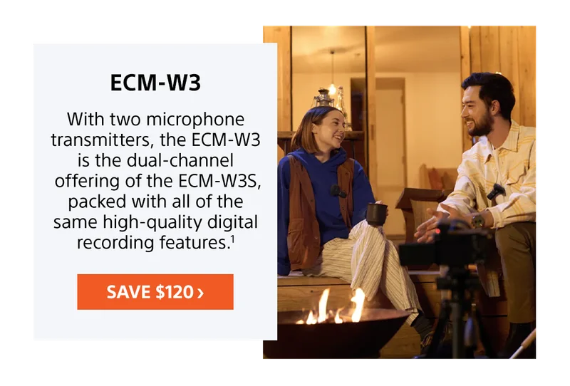 ECM-W3 | With two microphone transmitters, the ECM-W3 is the dual-channel offering of the ECM-W3S, packed with all of the same high-quality digital recording features.¹ | Save $120