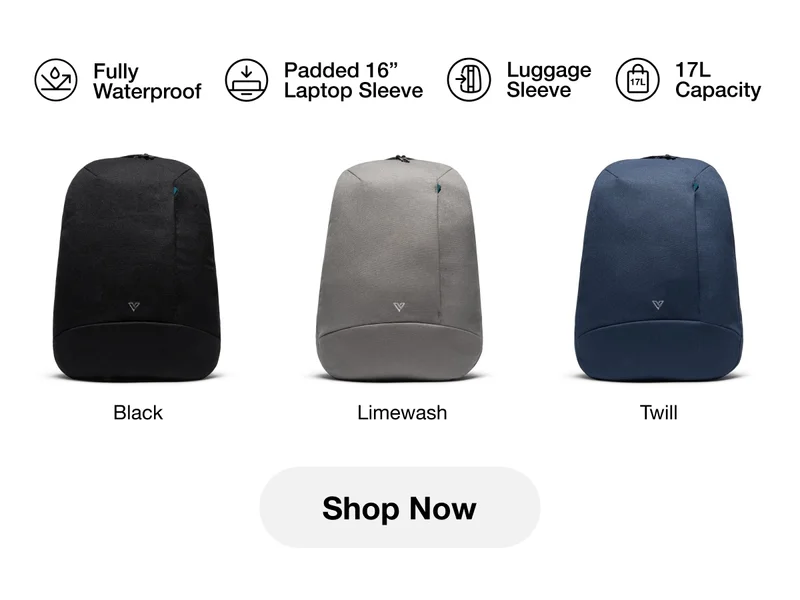 Fully Waterproof, Padded 16" Laptop Sleve, Luggage Sleeve, 17L Capacity. Comes in Black, Limewash, and Twill. Shop Now.