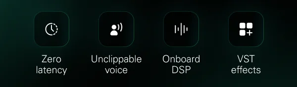 Zero latency, Unclippable voice, Onboard DSP, VST effects