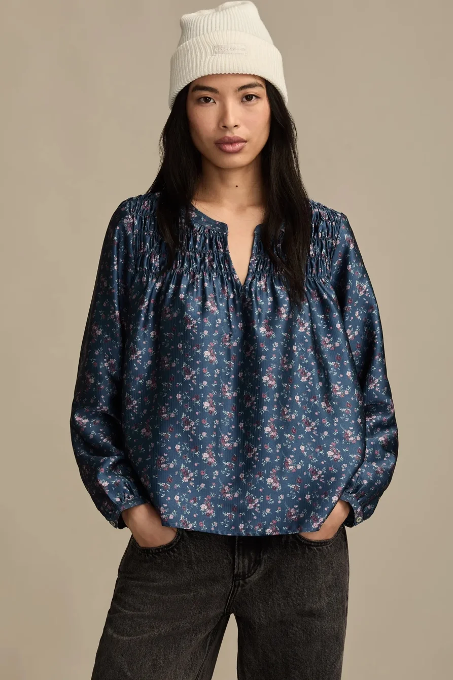 Image of Lucky Brand Smocked Yoke Peasant Top - Women's Clothing Peasant Tops Shirts in Mauve Floral