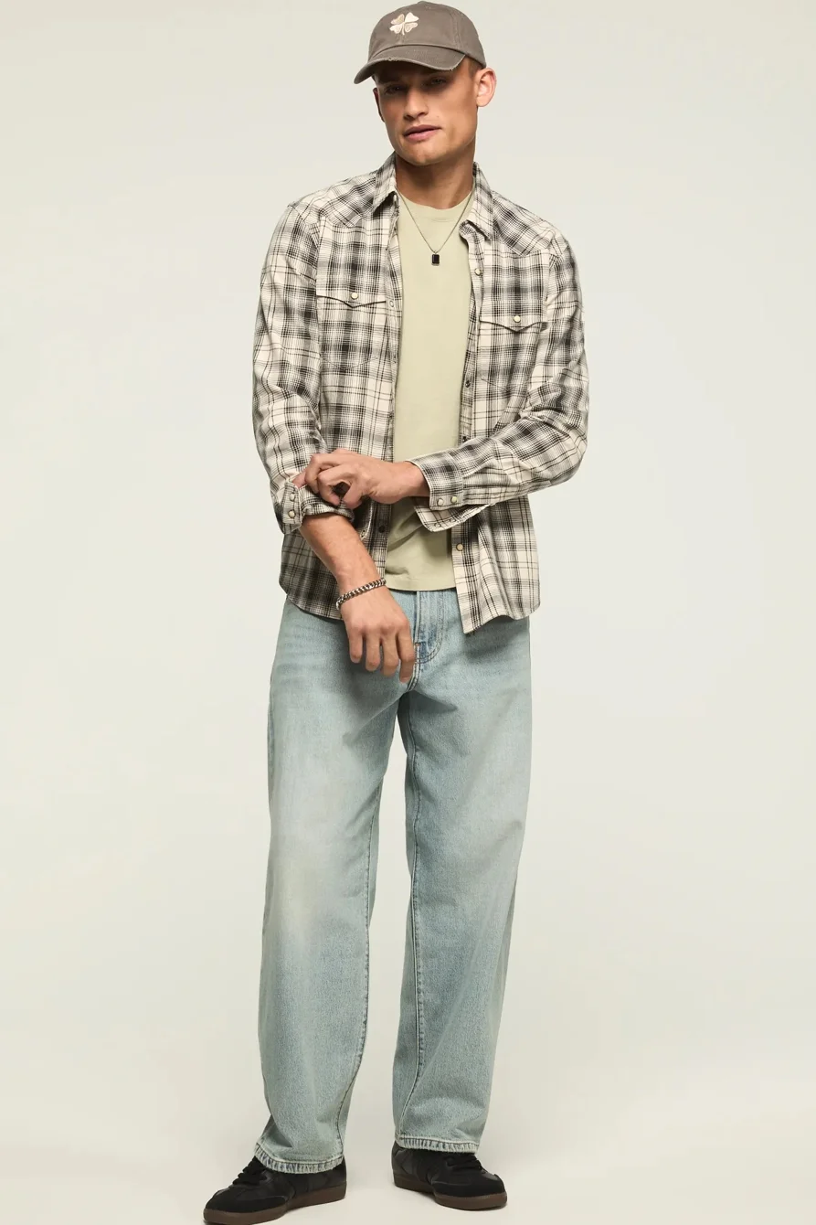 Image of Lucky Brand Sulfur Twill Long Sleeve Western Shirt - Men's Clothing Outerwear Shirt Jackets in Cream Multi