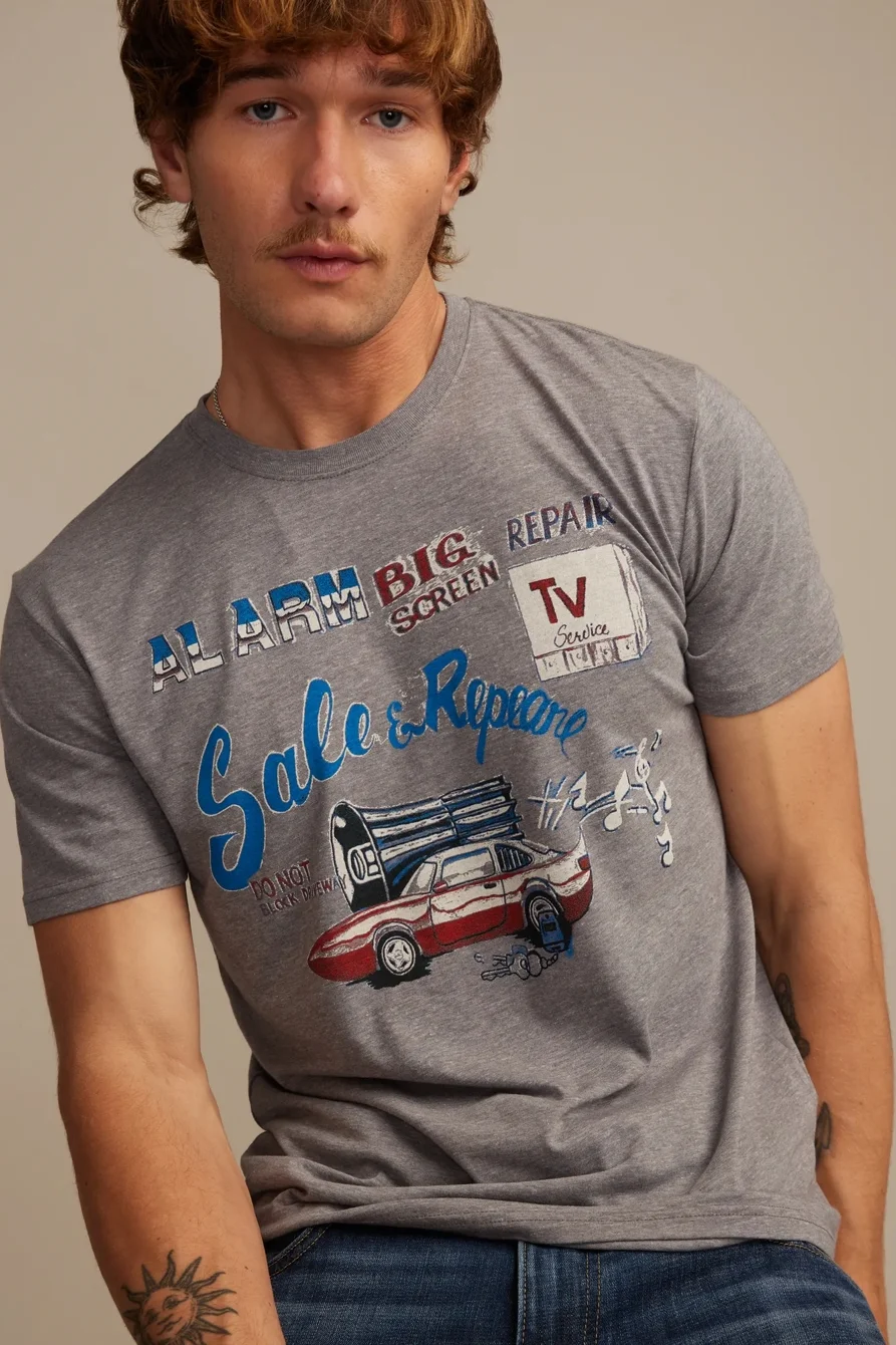 Image of Lucky Brand Car Sales And Repair Tee - Men's Clothing Tops Shirts Tee Graphic T Shirts in Heather Grey