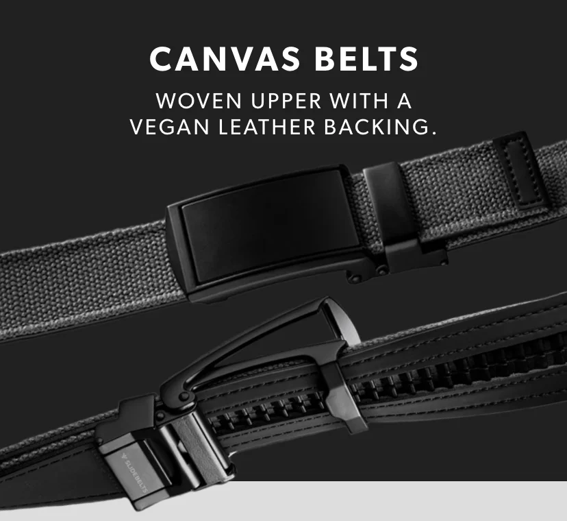 CANVAS BELTS. WOVEN UPPER WITH A VEGAN LEATHER BACKING. CANVAS BELTS. WOVEN UPPER WITH A VEGAN LEATHER BACKING.