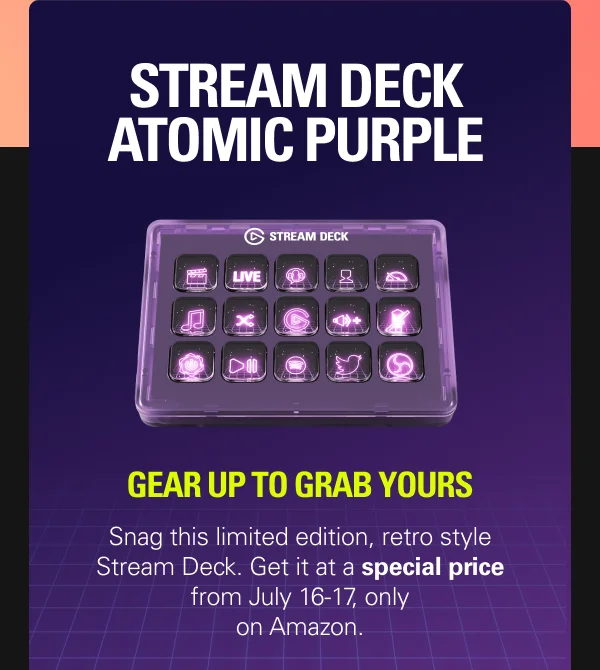 Stream Deck Atomic Purple. Snag this limited edition, retro style Stream Deck. Get it at a special price from July 16-17, only on Amazon.