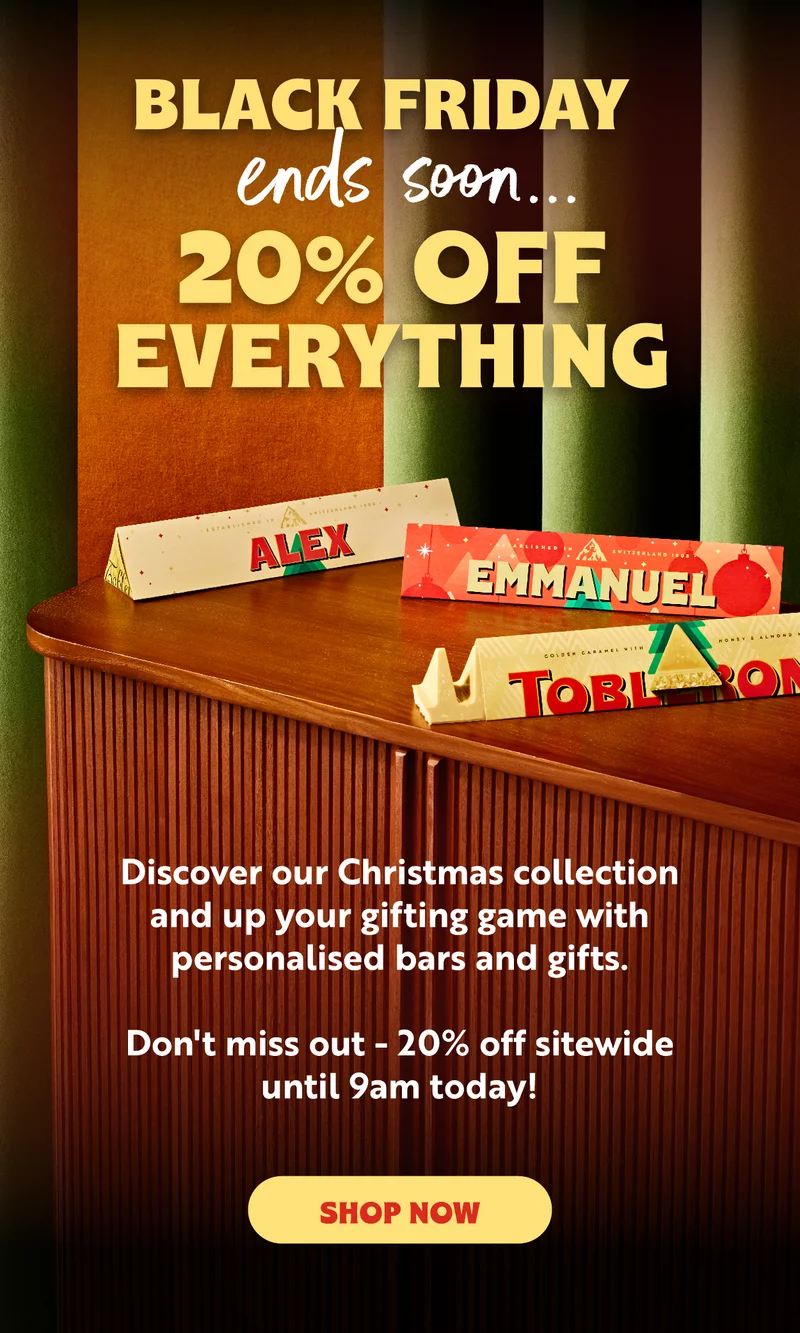 CYBER MONDAY JUST GOT BIGGER  We’re giving you an additional 5% off on top of our already sweet 20% discount.  Your code should automatically apply at checkout. However, if it doesn't, simply redeem the code:  CY529HM9. Explore our Christmas collection and up your gifting game with personalised bars and gifts.