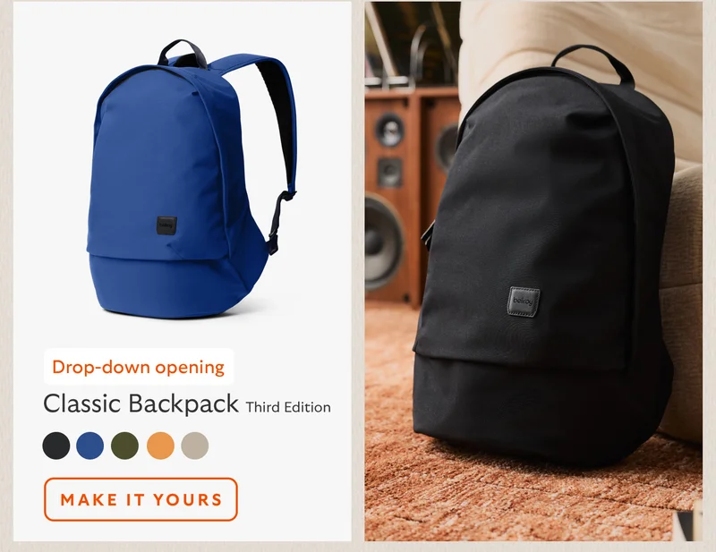 [Product name] Classic Backpack – Third Edition [Starburst] Drop-down opening CTA Make it yours