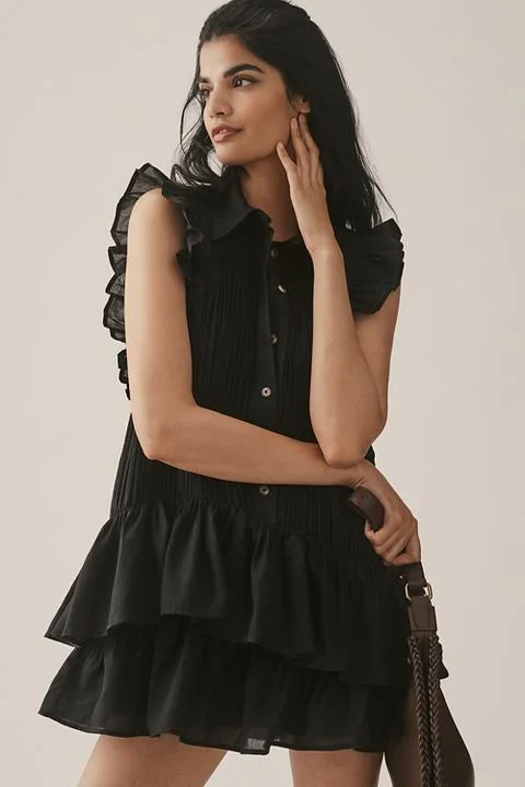 By Anthropologie Sleeveless Ruffle Mini Shirt Dress
