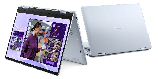 An easel view and rear view of a Dell 14 Plus 2-in-1 touch laptop.