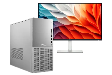 A Dell Tower Plus Desktop next to a Dell 27 Plus 4K Monitor.