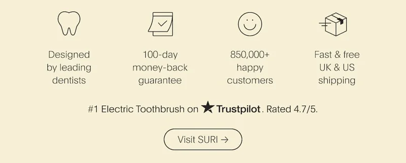 Our credentials - 500K happy customers, fast and free UK & US shipping, designed by leading dentists, and 100 day money back guarantee. Rated 4.7/5 on Trustpilot.