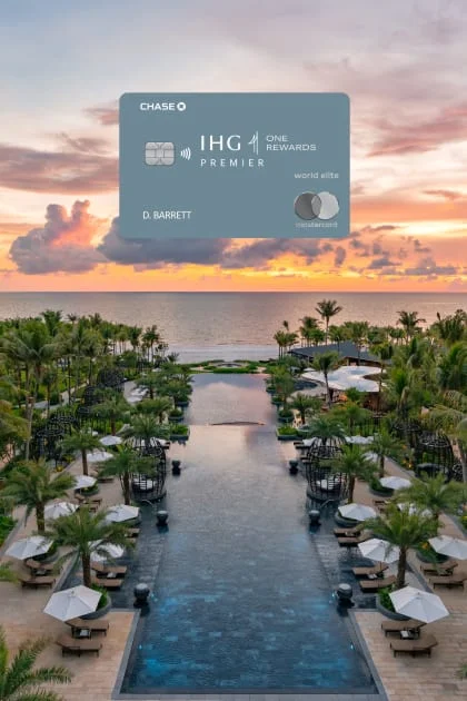 IHG One Rewards Premier Credit Card image, in a sunset sky over the water