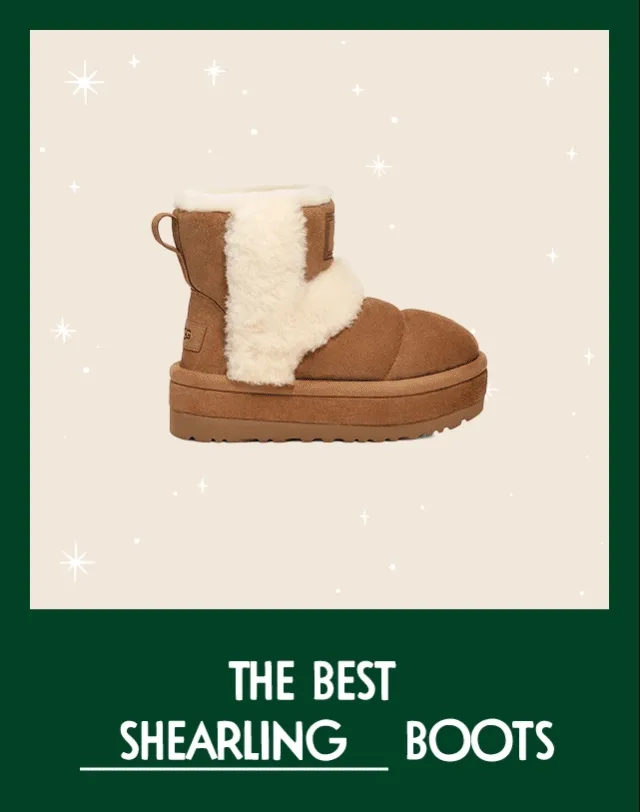Tan shearling boots, grey waterproof boots, white puffy boots and black faux-fur boots.