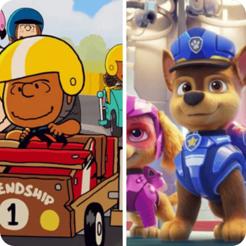 a collage of Charalie Brown and Paw Patrol, two great toddler movie series