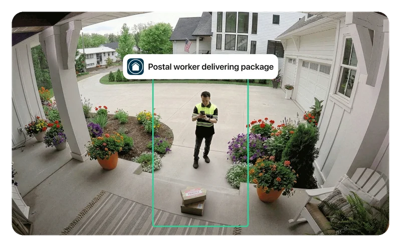 Simulated point of view image showing a postal working delivering a package on the front porch. Simulated user interface elements overlay the image with words: Postal worker delivering package.