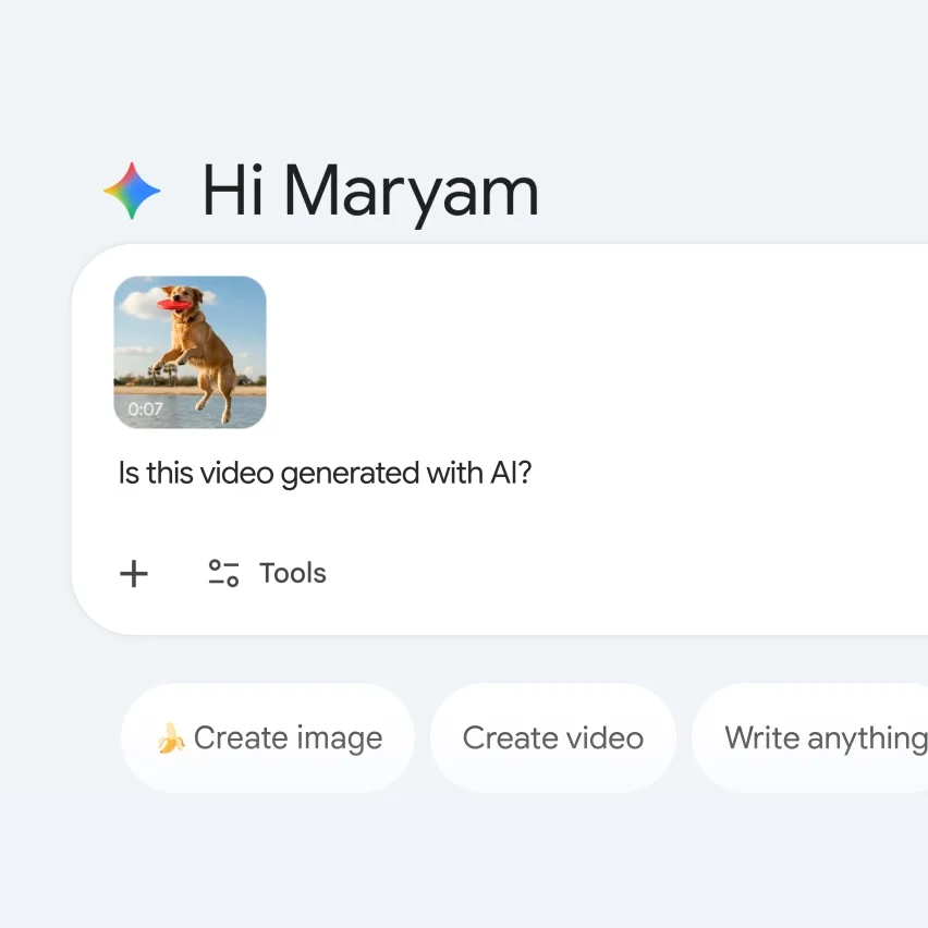 AI interface: Golden Retriever catching frisbee thumbnail, with AI generation query and creation options.