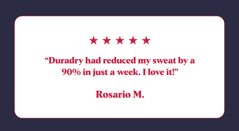 “Duradry had reduced my sweat by a 90% in just a week. I love it!” Rosario M.