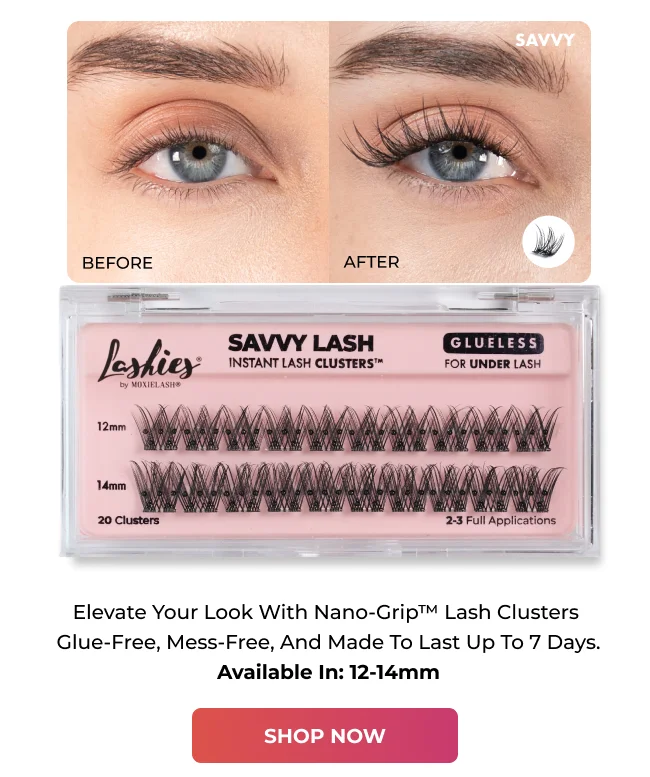 Before and after comparison showing natural lashes versus lashes enhanced with Savvy Cluster lash clusters, displayed above Savvy Lash Instant Lash Clusters packaging in 12mm and 14mm.