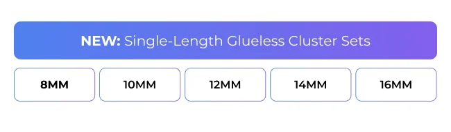 Single-length glueless lash cluster options displayed as selectable buttons in 8mm, 10mm, 12mm, 14mm, and 16mm.