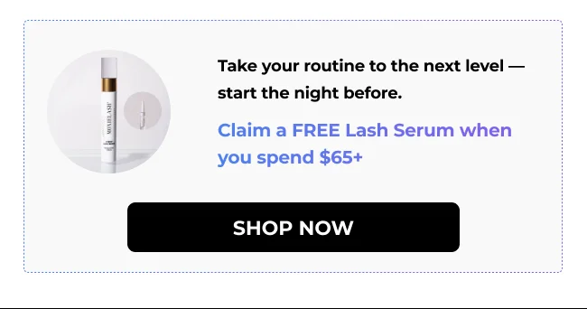 Promotional banner showing a lash serum with text offering a free lash serum when spending $65 or more, with a Shop Now button.