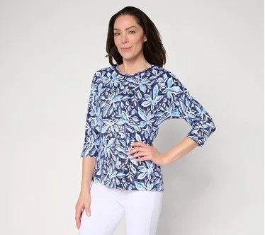 Denim & Co. Beach Floral Printed Beach Jersey 3/4 Sleeve Top