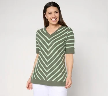 Denim & Co. Active Striped Textured Cotton V-Neck Top