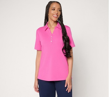 Denim & Co. Favorite Jersey Collared Split Neck Short Sleeve Top