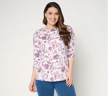 Denim & Co. Printed Favorite Jersey Boat Neck 3/4 Sleeve Top