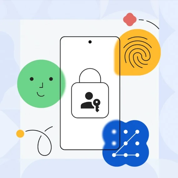 an illustration of a smartphone and a lock, plus fingerprint and face icon