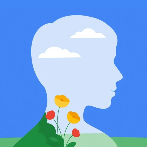 illustrated outline of a human being with a pastoral landscape