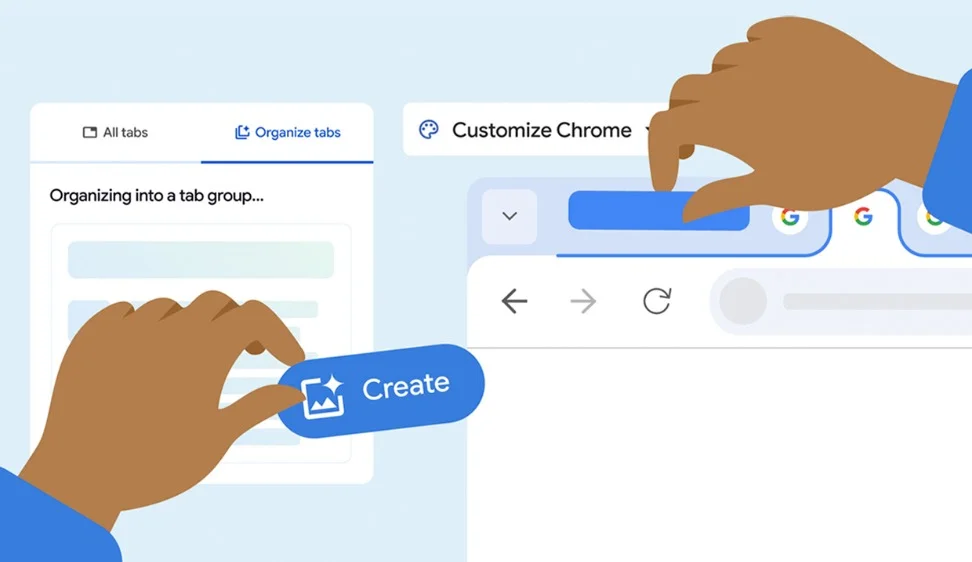 an illustration of two hands moving icons around