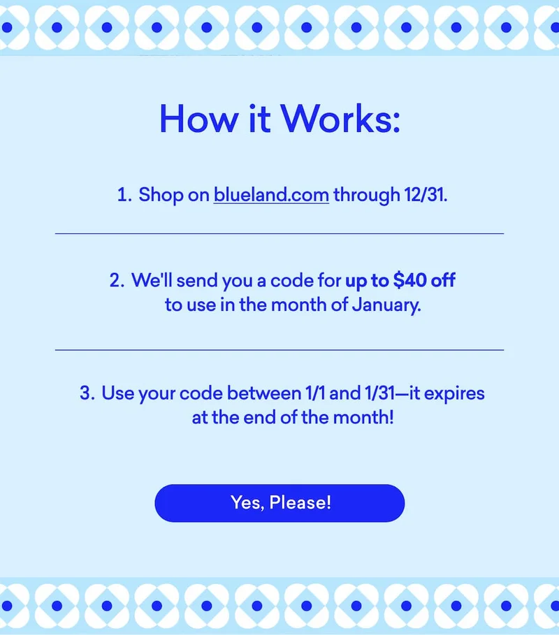 How it Works: Shop blueland.com through 12/31. We'll send you a code for up to $40 off any order in January. Use your code between 1/1 and 1/31. Yes, Please!