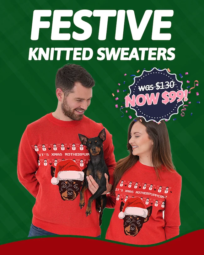 FESTIVE KNITTED SWEATERS. Was $130. NOW $99