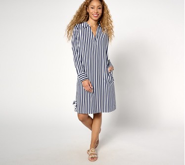 Denim & Co. Beach Petite Striped Quick Dry Cover Up Dress with Ties