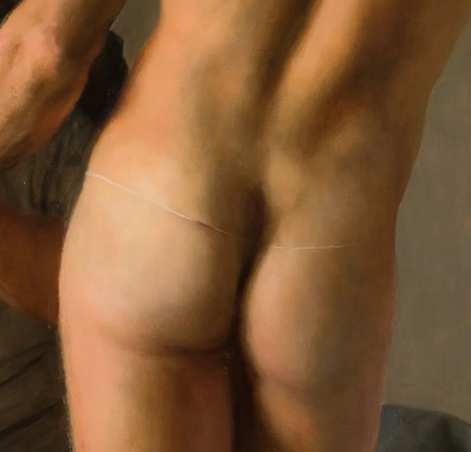 A close-up of an oil painting of a butt